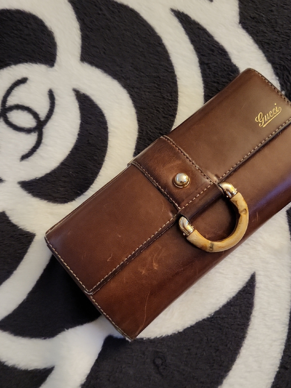 Gucci Brown Leather Wallet with Bamboo Handle and Gold Logo